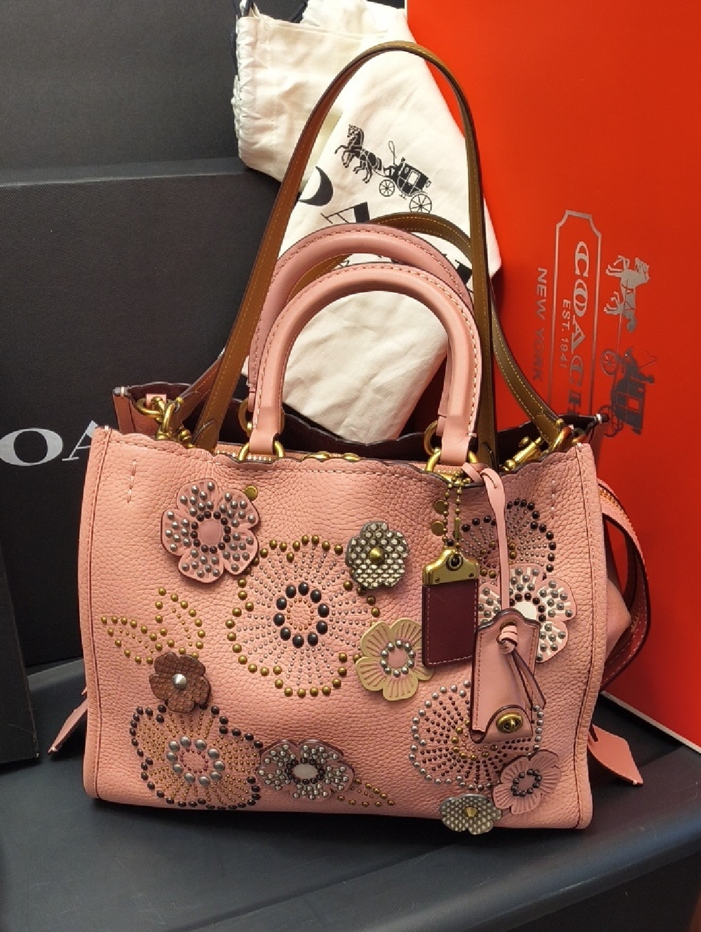 Coach ☆1941☆ Rogue 31 In Peony Pink W Snakeskin Tea Roses & Rivets No. 26890